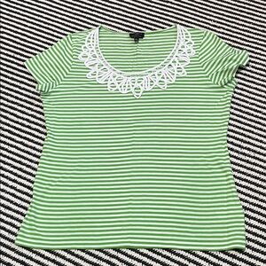 Talbots Kelly Green Striped Women's Top with White Lace Accents